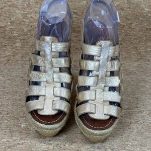 Christian Louboutin Gold Leather Espadrille Wedge Sandals EU 40